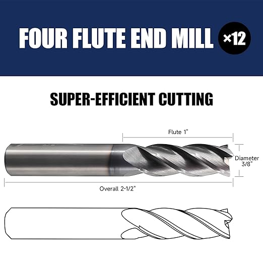 2 Pcs 3/8" Carbide Square End Mill, 4 -Flute TIALN Coated CNC Mill Bits for Steel, End Mills for Precision Milling Tasks