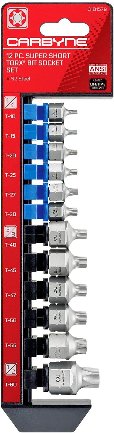 CARBYNE 12-Piece Torx Super Short Low Profile Bit Socket Set | T10 to T60 Sizes, Dual-Drive: Internal Square Drive & External Hex Drive ??From a Family-Run Tool Company in the U.S.