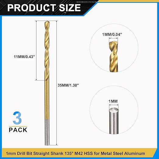 PATIKIL 1mm Drill Bit, M42 8% Cobalt High-Speed Steel Jobber Straight Shank 135° Titanium Nitride (TiN) Coated for Hard Metal Stainless Steel - 3 Pack