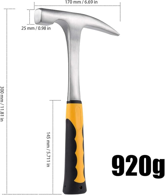 32 OZ 11.8 Inches Rock Pick Hammer with Skid Handle, All Steel Drop Forged Masonry Hammer, Geologist Hammer with Pointed Tip and Non-Slip Shock Absorbing Grip for Mining