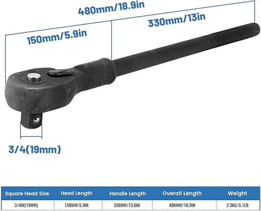 3/4" Ratchet with 13" Long Handle, Heavy Duty Quick Release Reversible Switch Full Polish Grip Drive Ratchet Socket Wrench, Gifts for Men & Dad, 18.9 Inch Overall Length