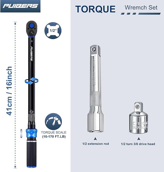 Torque wrench Set 1/2 drive,1/2 Torque Wrenches 10-170 FT.LB/13.6-230.5 Nm,짹3% Precision Wrench with 1/2'' to 3/8'' Socket Adapter, 5 Inch Extension Bar for Car and Moto Maintenance