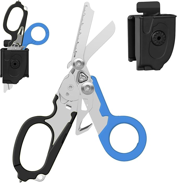 6-in-1 Heavy Duty Emergency/Trauma Shears, with Carbide Glass Breaker, Ring Cutter, Foldable, Stainless Steel Multi-Purpose Scissors for Hospital, Home, Camping, and Travel Rescue Tools (Black+Blue)