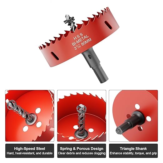 3-5/32" (80mm) Bi-Metal M42 High Speed Steel Hole Saw with Pilot Drill Bit, Smooth Cutting Edge for PVC, Drywall, Wood, Plastic, Gypsum Board, Rubber, Thin Metal