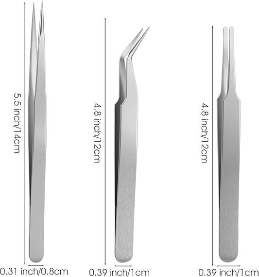 3Pcs Precision Tweezers Set, Stainless Steel Reverse Tweezers for Crafting Extra Fine, Angled, Blunt Tips for DIY Crafts Jewelry Making Beading Laboratory Work, Needle Nose Tweezer