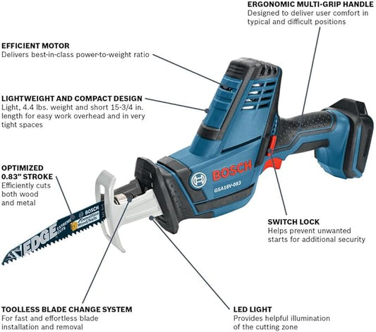 BOSCH GSA18V-083B 18V Cordless Reciprocating Saw - Lightweight & Compact, 0.83" Stroke, 3,050 SPM, Variable-Speed Trigger, Toolless Blade Change, LED Light (Bare Tool)