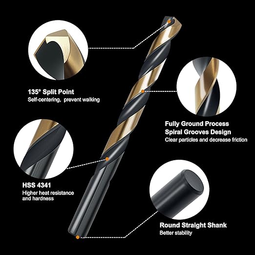29Pcs Cobalt Drill Bit Set, 135 Degree Tip High Speed Steel with Black and Gold Finish, Stainless Steel, Plastic and Wood with Metal Indexed Storage Case 1/16"-1/2"