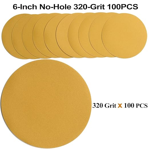 6-Inch No-Hole Hook and Loop Sanding Discs 320-Grit, Random Orbital Sandpaper for Automotive and Woodworking, 100-Pack