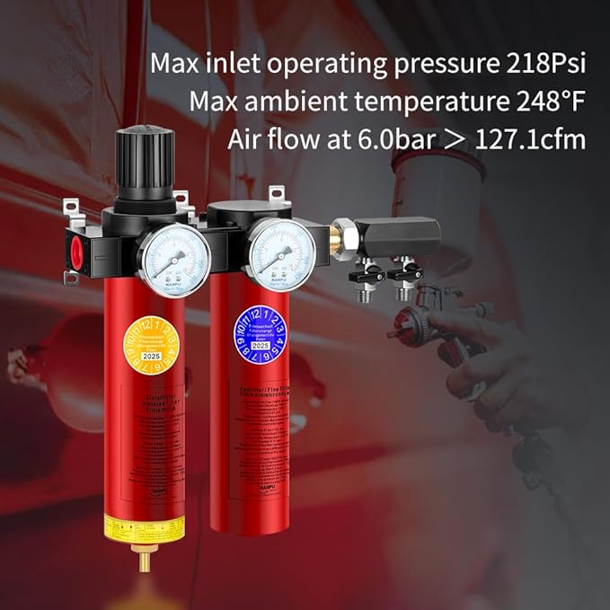 NANPU Z Series 2-Stage Air Filtration System - Sintered & Fine Filters, 1/2" NPT Inlet, 1/4" NPT Outlet Module, 0-230 psi Gauge, 127 CFM @ 6 bar, Metal Housing, Heat Resistant to 248째F (ZP104-A)