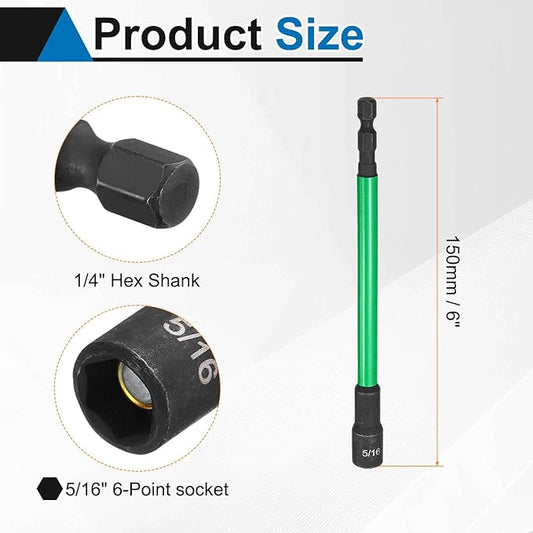 HARFINGTON 2pcs Nut Driver Drill Bit 5/16 Inch SAE Socket 1/4" Hex Shank 6" (150mm) Extra Long Magnetic 6-Point Sockets Quick Change CR-V Steel Bolt Setters for Power Drill Drivers