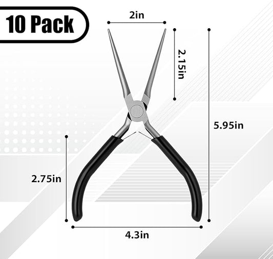 10 Pack Mini Needle Nose Pliers Bulk, 6 Inch Precision Pliers Set with Extra Long Tips for Jewelry Making, Wire Wrapping, Small Object Gripping, DIY Project(Black)