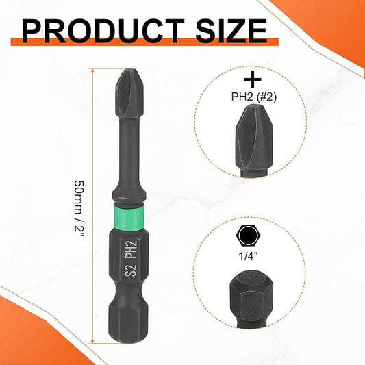 HARFINGTON 5pcs #2 Impact Phillips Screwdriver Bit PH2 1/4" Hex Shank 2" (50mm) Length 0.14" Rod Magnetic Cross Head Drill Bits S2 Steel Industrial Screw Drivers for Impact Power Tools