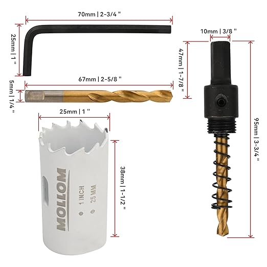 Mollom (25mm | 1") HSS M42 with 8% Cobalt BI-Metal Hole Saw with 2 Pilot Drill Bits & Arbor Smooth Cutting for PVC,Drywall,Wood,Plastic,Gypsum Board,Rubber
