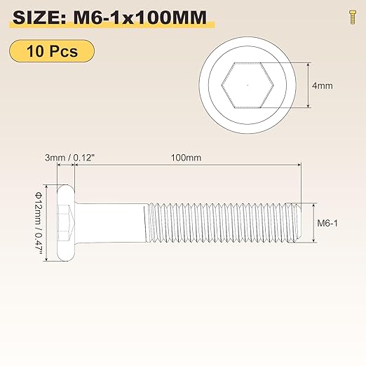 METALLIXITY Flat Head Hex Socket Cap Screws Bolts(M6-1x100) 10Pcs, Steel Hex Socket Furniture Bolts Screws - for Furniture Woodworking Project, Yellow