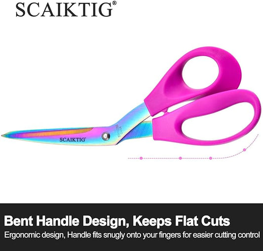 8.5??Bent Fabric Scissors All Purpose Sharp Heavy Duty, Bent Shears for Sewing Crafting Cutting Clothes, Felt, Leather, Paper Supplies, Pink Handle, Titanium Coating Blades
