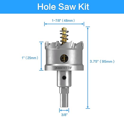DKIBBITH TCT Hole Saw 1-7/8"(48mm) Heavy Duty Tungsten Carbide Tipped Hole Cutters for Stainless Steel, Copper, Iron, Brass, Plastic with Titanium-Plated Pilot Drill Bits.