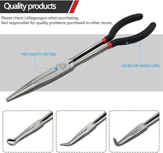 4 Pack 11" Precision Long Nose Pliers Set, Insulated Comfort Grip - Straight Needle Nose, 45/90 Degree Curved & Circle Tools for Wire Bending, Shaping, Trimming