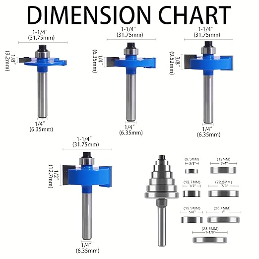 MNA 4Pcs Rabbet Router Bits 1/4" Shank with 6 Bearings Set, 1/16", 1/8", 3/16", 1/4", 5/16", 3/8" Bearings, Interchangeable Bearings with 1/2" to 1/4" Router Collett, Slot Router Bits