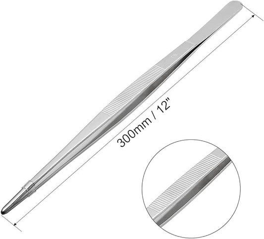 uxcell 2 Pcs 12-Inch Stainless Steel Straight Blunt Tweezers with Serrated Tip Daily Garden Tool
