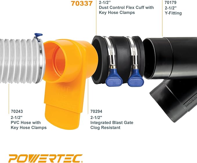 POWERTEC 70337-P2 2-1/2" Dust Control Flex Cuff w/Adjustable Key Hose Clamps, Hose Connector Rubber Cuff Coupler for Woodworking Dust Collection Fittings, Dust Collector Accessories & Machinery, 2 PK
