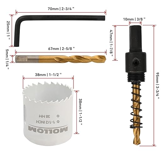 Mollom (38mm | 1-1/2") HSS M42 with 8% Cobalt BI-Metal Hole Saw with 2 Pilot Drill Bits & Arbor Smooth Cutting for PVC,Drywall,Wood,Plastic,Gypsum Board,Rubber