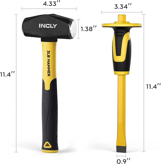 INCLY 4 PCS Geology Rock Pick Equipment Kit, 3 Pound Sledge Rock Hammer with 12" Mason Concrete Chisel, Safety Glasses, Gloves, Tool Set for Hounding, Gold Mining & Prospecting, Brick Stone Breaking