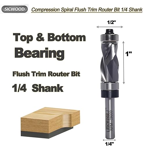 Compression Top and Bottom Bearing Flush Trim Router Bit 1/4 Shank - 1/2" Cutting Dia, Carbide Spiral Up-Down Pattern Template Flush Cut Router Bit, for Wood Trimming