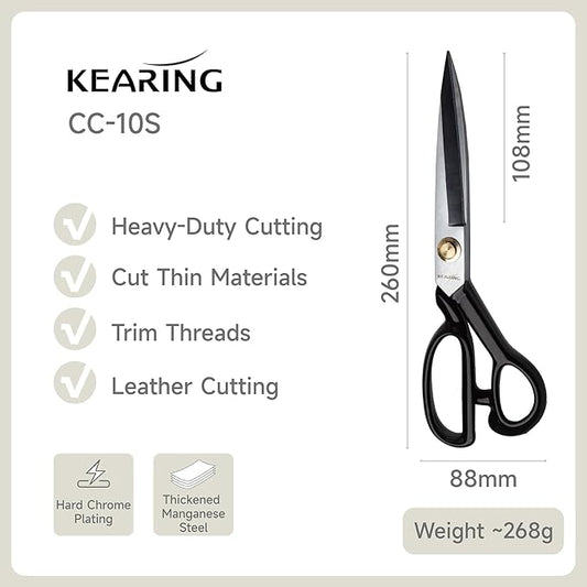 KEARING 10 Inch Heavy Duty Fabric Scissors, Professional Tailor Shears for Precision Cutting of Leather, Denim, and Multi-Layer Fabrics for Sewing, Quilting, Dressmaking - 0.6 lb - Right-Handed