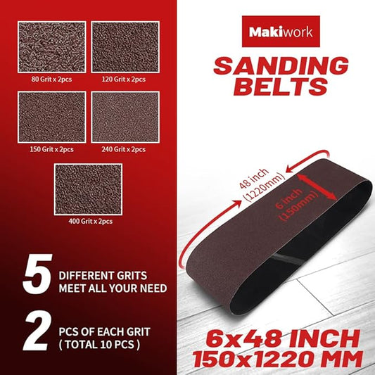 6 x 48 Inch 150 x 1220 mm Sanding Belts Set - 10-Pack with 80/120/150/240/400 Grits, Aluminum Oxide Abrasive Belts for Woodworking
