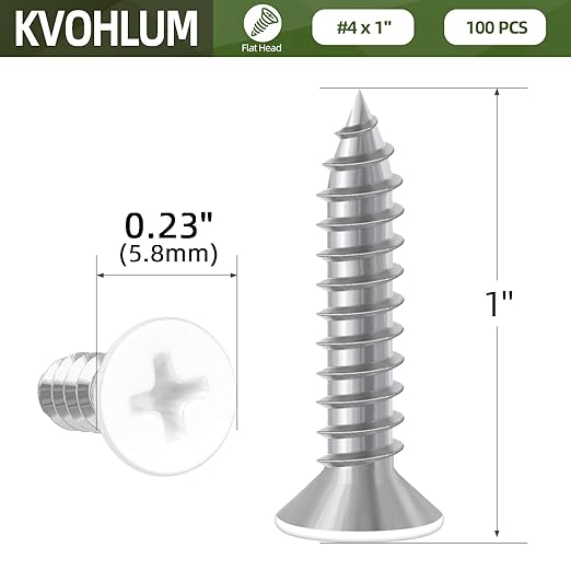 100 PCS #4 x 1 White Head Sheet Metal Screws, Flat Head Phillips Fast Self Tapping Screws, Countersunk Head Wood Screws, Screwdriver Bit Included