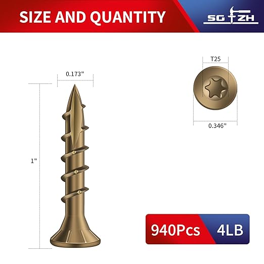#8 x 1 Inch Deck Screws (940Pcs) 4lb. Carbon Steel, Yellow, Flat Head, Rust Resistant epoxy Coated, with T25 Star Bit