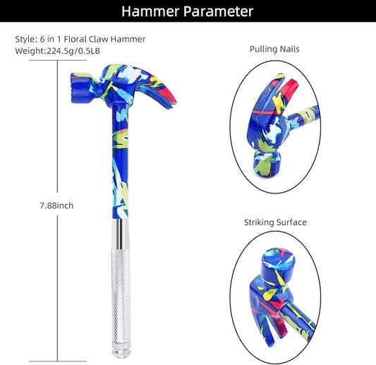 YOUMI 6 in 1 Multifunctional Anti-Corrosion and Anti-Rust Floral Hammer & Screwdriver Tool Set with Slotted/Flat Head Phillips Screwdriver Nail Puller and Claw Hammer Best Gift for Sweetheart(Blue)