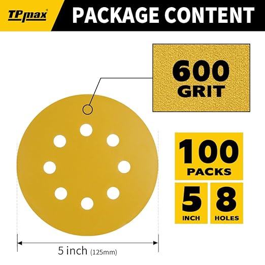 100PCS 5 Inch 600 Grit 125mm 8 Hole Sanding Discs Sandpaper - Premium Gold Round Hook and Loop for Random Orbital Sander - Ideal for Wood, Metal, Automotive
