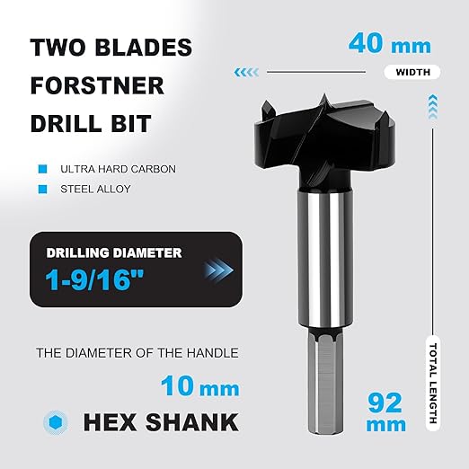 1-9/16 Inch Forstner Drill Bit Carbide Tipped,Woodworking Hinge Cutter for Precise Flat Bottom Holes in Hard Wood,Plywood,Plastic - Professional Grade