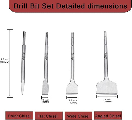 4 pcs SDS Plus Chisel Set, Masonry Concrete Drill Bit Set, Tile Removal Chisel Bits for Rotary Hammer with Point Flat Wide Tile Inclined Grooving Scraping Scaling Chisels