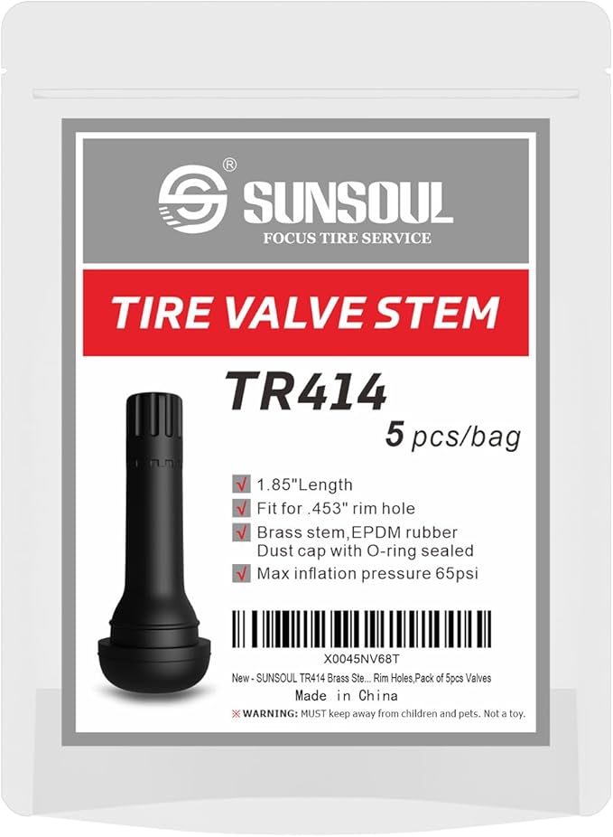 SUNSOUL TR414 Brass Stem EPDM Rubber Snap-in Tire Valve Stems for 0.453 Inch 11.5mm Rim Holes, Pack of 5pcs Valves
