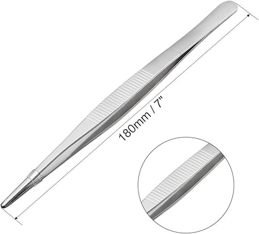 uxcell 5 Pcs 7-Inch Stainless Steel Straight Blunt Tweezers Serrated Tip Daily Garden Tool