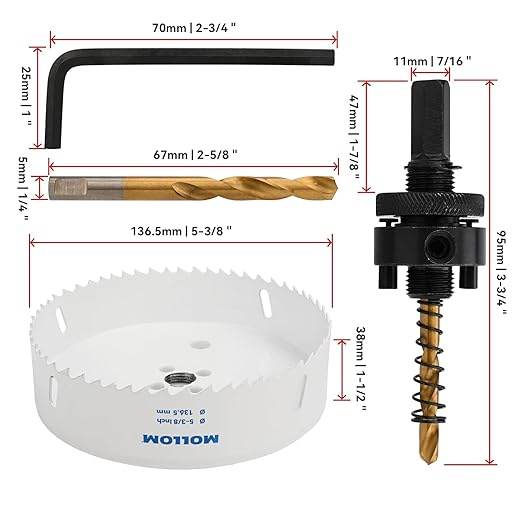 Mollom (136.5mm | 5-3/8") HSS M42 with 8% Cobalt BI-Metal Hole Saw with 2 Pilot Drill Bits & Arbor Smooth Cutting for PVC,Drywall,Wood,Plastic,Gypsum Board,Rubber