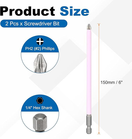HARFINGTON 2pcs #2 Phillips Impact Screwdriver Bit PH2 1/4" Hex Shank 6" (150mm) Magnetic Anti Slip Cross Head Drill Bits K5 Steel Screw Driver Tool, Pink