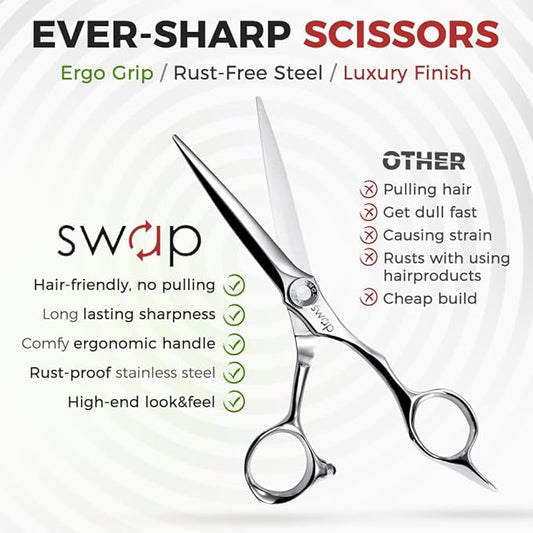 SWAP Professional Hair Cutting Scissors - 6.0'' Japanese SUS 440C Steel Barber Scissors, 60-62HRC Sharp Edge Blade with Adjustable Tension Screw for Salon & Home Use(6.0'' Hair Shears)