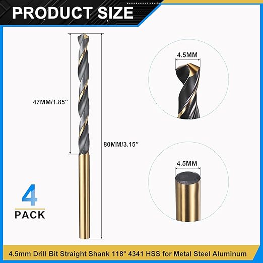PATIKIL 4.5mm Drill Bit, Jobber Straight Shank 4341 High-Speed Steel 118째 Black and Gold Finish for Medium-Hard Metal Steel Acrylic - 4 Pack