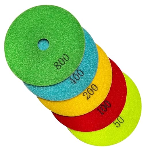 5" Wet Diamond Polishing Pads Set (50, 100, 200, 400, 800 Grit) - White Resin for Granite, Marble, Quartz, Engineered Stone