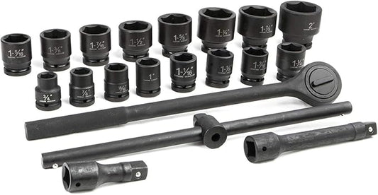 Stark USA 21-Pieces 3/4" Drive Deep Impact Socket Set Sliding T-Bar Master SAE Includes Ratchet Handle and Extension Bars with Case (3/4" - 2" inch)
