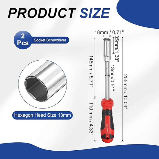 HARFINGTON 2 Pcs Metric Nut Driver 13mm CR-V Non-Magnetic Tip Hollow Shafts Hex Socket Screwdriver with Anti-Slip Handle for Automobile Repair Bit Driver