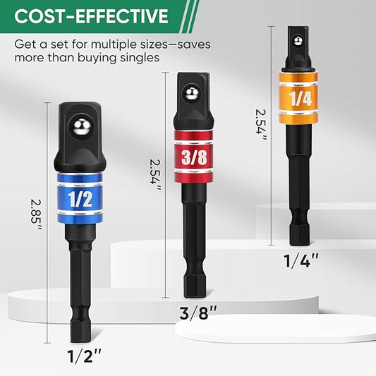 3PCS Impact Socket Adapter Set - 1/4", 3/8", 1/2" Drill Socket Adapters with Extension Driver Bit & Holder, Socket Drill Adapters Compatible with Power Drill and High Torque Impact Wrench