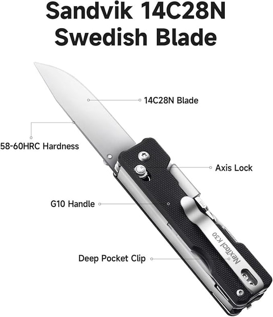 NexTool Knight K30 Axis Lock Folding Pocket Knife, 11-in-1 Multitool with 2.76" 14C28N Steel Blade EDC Knife and G10 Handle, Crossbar Lock Knives for EDC, Camping, Hiking, Survival, Gifts for Men