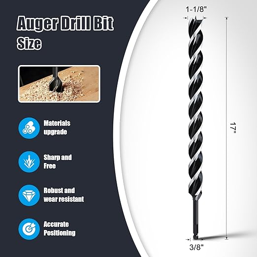 1-1/8" x 17" Auger Drill Bit for Wood, Hex Shank Tri Flute Ship Auger Long Drill Bit for Soft and Hard Wood,Tree Stump,Plastic,Drywall and Composite Materials