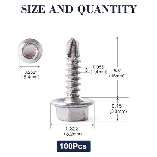 #8 x 5/8" Sheet Metal Screws 100PCS 410 Stainless Steel Hex Washer Head Fast Self Tapping Screws by SG TZH