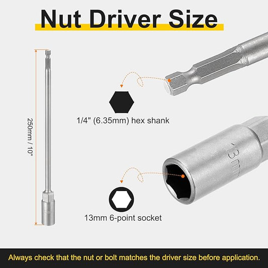 HARFINGTON 2pcs Nut Driver Drill Bit 13mm Metric Socket 1/4" Hex Shank 10" (250mm) Extra Long Magnetic 6-Point Sockets Quick Change 40Cr Steel Bolt Setters for Power Drill Drivers
