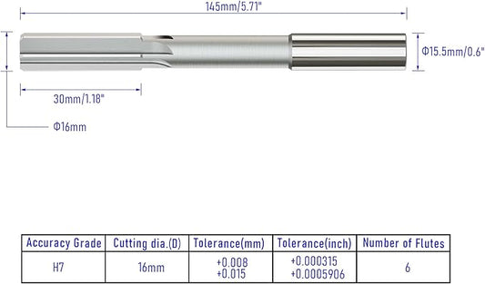 Chucking Reamer 16mm, H7 HSS Cobalt M35 Lathe Machine Reamer Metric, 6 Straight Flutes, Round Straight Shank Milling Cutting Tool, for Stainless Steel Alloy Copper Metal